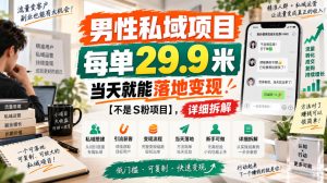 男性私域项目,每单29.9米,当天就能落地变现【不是S粉项目】,详细拆解-最全项目网