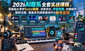 2026AI音乐实战课程,零基础从零学Suno编曲、混音优化、声音克隆、版权注册,覆盖多风格歌曲创作与账号变现-最全项目网