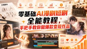 零基础AI漫剧短剧全能教程，从AI智能体搭建、文案脚本分镜、多平台AI生视频、剪映精修，覆盖全题材创作，手把手教你做爆款变现作品-最全项目网